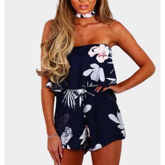 Blue Floral Romper with Matching Choker - Picture 1 of 3